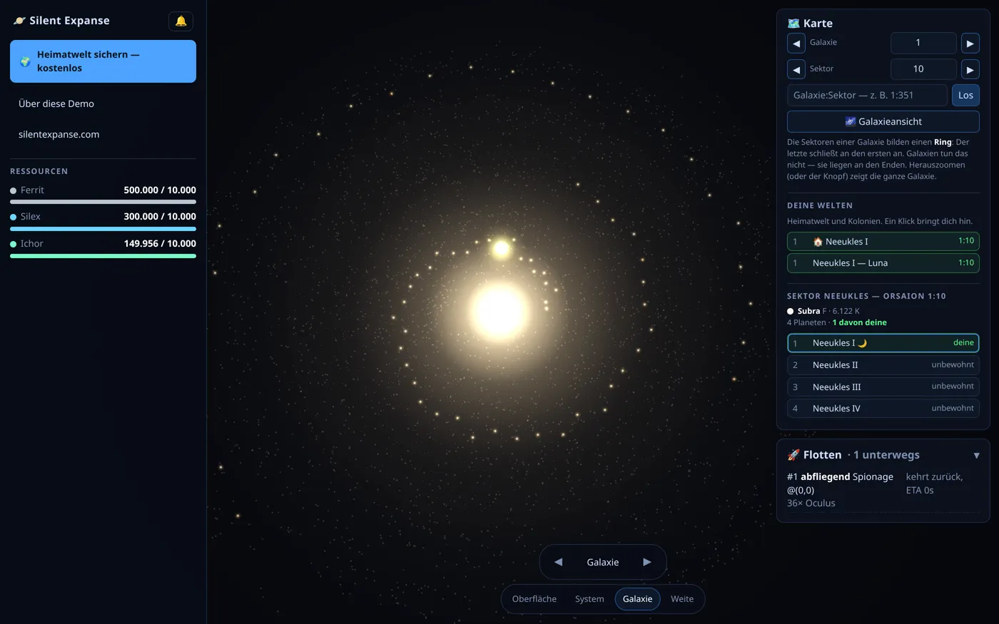 Eine Galaxie von außen: ein heller Kern und ein verstreuter Ring aus Punkten, die meisten davon nicht aufgelöst.