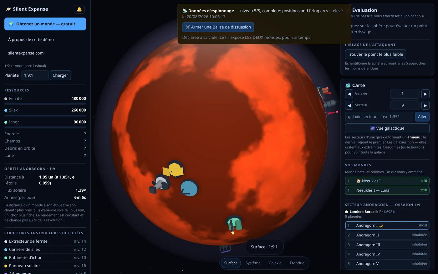Le monde d'un rival redessiné à partir d'un rapport d'espionnage, ses bâtiments marqués sur la surface.