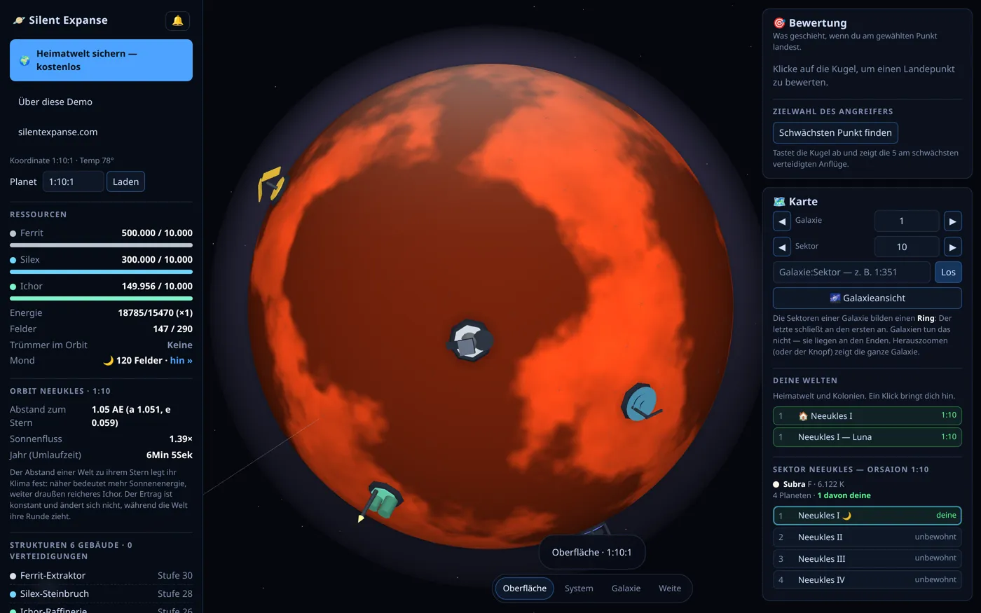 Eine geschmolzene Welt aus dem Orbit, eine Mine und ein Solarfeld auf der beleuchteten Seite.