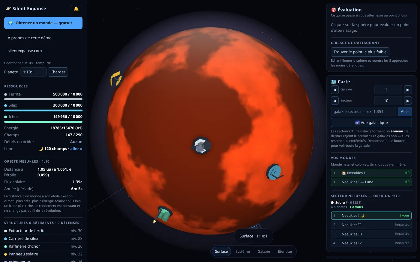 Un monde en fusion vu depuis l'orbite, une mine et un panneau solaire sur sa face éclairée.